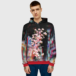 Толстовка-худи мужская Ветка сакуры на фоне ночного Токио - glitch, цвет: 3D-красный — фото 2