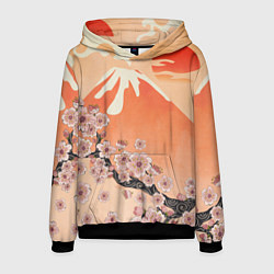 Толстовка-худи мужская Ветка цветущей сакуры и вулкан, цвет: 3D-черный