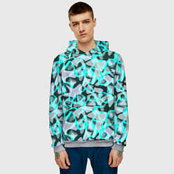 Толстовка-худи мужская Пятнистый абстрактный узор серый с бирюзовыми лини, цвет: 3D-меланж — фото 2
