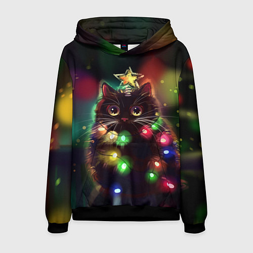 Мужская толстовка Новогодний котик с гирляндой / 3D-Черный – фото 1
