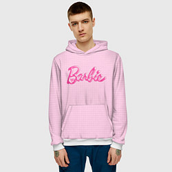 Толстовка-худи мужская Барби - логотип на клетчатом фоне, цвет: 3D-белый — фото 2