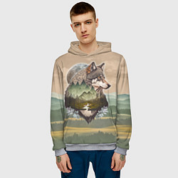 Толстовка-худи мужская Портрет волка в технике двойной экспозиции, цвет: 3D-меланж — фото 2