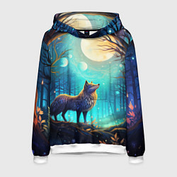 Толстовка-худи мужская Волк в ночном лесу в folk art стиле, цвет: 3D-белый