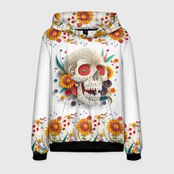 Толстовка-худи мужская Череп украшенный растениями и цветами в стиле квил, цвет: 3D-черный