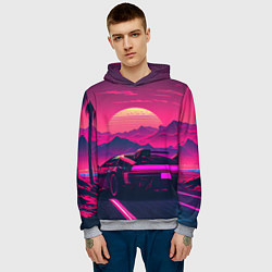 Толстовка-худи мужская Синтвейв закат с автомобилем, цвет: 3D-меланж — фото 2