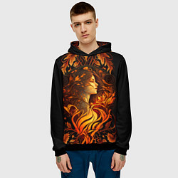 Толстовка-худи мужская Девушка в стиле ар-нуво с огнем и осенними листьям, цвет: 3D-черный — фото 2