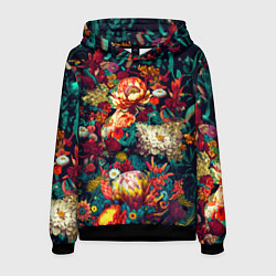 Толстовка-худи мужская Цветочный паттерн с цветами и листьями, цвет: 3D-черный