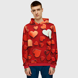 Толстовка-худи мужская Красные сердца на красном фоне, цвет: 3D-красный — фото 2