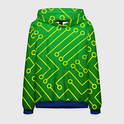 Толстовка-худи мужская Технический зелёный паттерн с жёлтыми лучами, цвет: 3D-синий