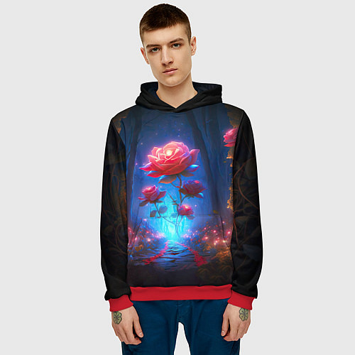 Мужская толстовка Алая роза в ночном лесу / 3D-Красный – фото 3