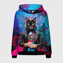 Толстовка-худи мужская Чёрная модница кошка - нейросеть, цвет: 3D-черный