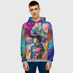 Толстовка-худи мужская Девочка с птицами среди цветов - мскусство, цвет: 3D-меланж — фото 2