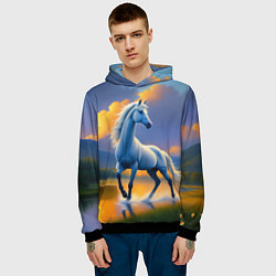 Толстовка-худи мужская Белая лошадь на рассвете, цвет: 3D-черный — фото 2