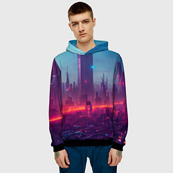 Толстовка-худи мужская Город ночной и неоновый, цвет: 3D-черный — фото 2