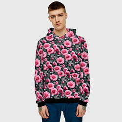Толстовка-худи мужская Кусты розовых роз на сером фоне, цвет: 3D-черный — фото 2