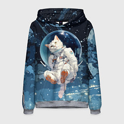 Толстовка-худи мужская Белый кот космонавт в невесомости, цвет: 3D-меланж