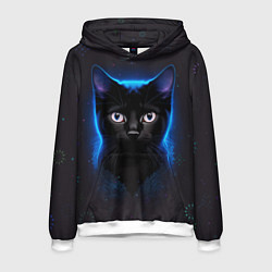 Толстовка-худи мужская Черный кот на фоне созвездий, цвет: 3D-белый