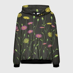 Толстовка-худи мужская Полевые цветочки на темном фоне, цвет: 3D-черный