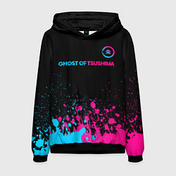 Толстовка-худи мужская Ghost of Tsushima - neon gradient: символ сверху, цвет: 3D-черный