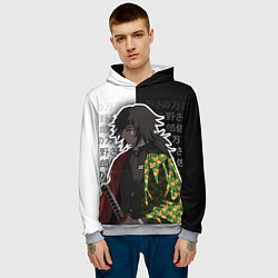 Толстовка-худи мужская Гию томиока и иероглифы - клинок, цвет: 3D-меланж — фото 2