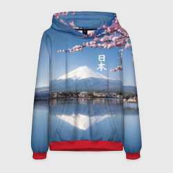 Толстовка-худи мужская Цветущая сакура на фоне Фудзиямы - Япония, цвет: 3D-красный