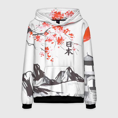 Мужская толстовка Цветущая сакура и солнце - Япония / 3D-Черный – фото 1