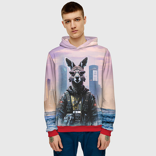 Мужская толстовка Кенгуру в стиле киберпанк на фоне мегаполиса / 3D-Красный – фото 3