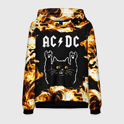 Толстовка-худи мужская AC DC рок кот и огонь, цвет: 3D-черный