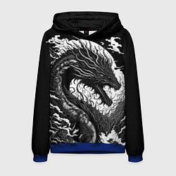 Толстовка-худи мужская Черно-белый дракон и волны, цвет: 3D-синий