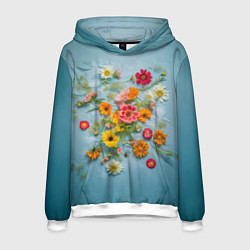 Толстовка-худи мужская Букет полевых цветов на ткани, цвет: 3D-белый