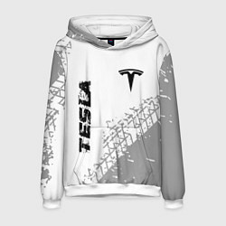 Толстовка-худи мужская Tesla speed на светлом фоне со следами шин: надпис, цвет: 3D-белый
