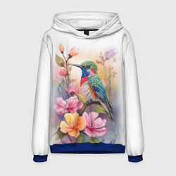 Толстовка-худи мужская Колибри и цветы - акварель, цвет: 3D-синий