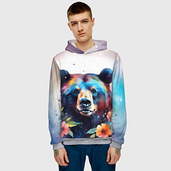 Толстовка-худи мужская Портрет медведя гризли с цветами акварелью, цвет: 3D-меланж — фото 2
