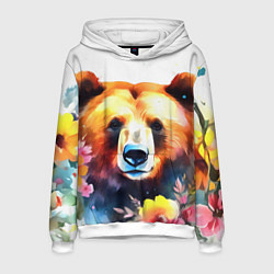 Толстовка-худи мужская Морда медведя гризли с цветами акварелью, цвет: 3D-белый
