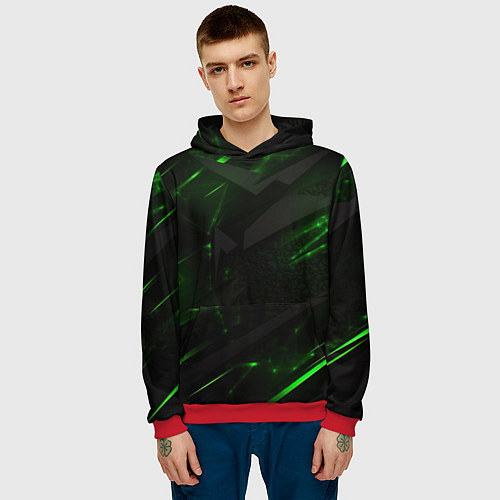 Мужская толстовка Dark black green abstract / 3D-Красный – фото 3