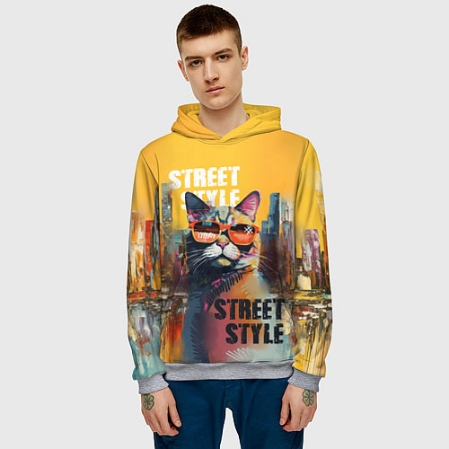 Мужская толстовка Кот в городе - street style / 3D-Меланж – фото 3