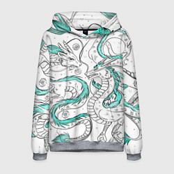 Толстовка-худи мужская Дракон Хаку в стиле тату: белый и бирюзовый паттер, цвет: 3D-меланж