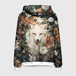 Толстовка-худи мужская Белая лисица в кустах цветов, цвет: 3D-белый