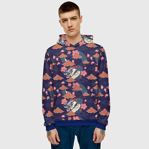 Мужская толстовка Паттерн китайский дракон / 3D-Синий – фото 3