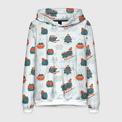 Толстовка-худи мужская Зимние веселые лягушки, цвет: 3D-белый