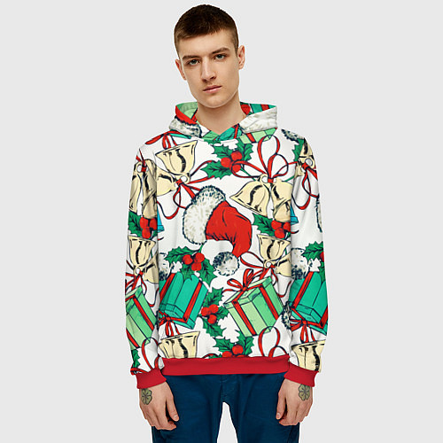 Мужская толстовка Узор с новогодними падарками / 3D-Красный – фото 3