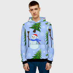 Толстовка-худи мужская Снеговики с новогодними елками паттерн, цвет: 3D-черный — фото 2