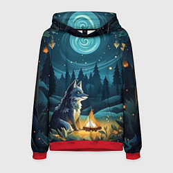 Толстовка-худи мужская Волк у костра в стиле фолк-арт, цвет: 3D-красный