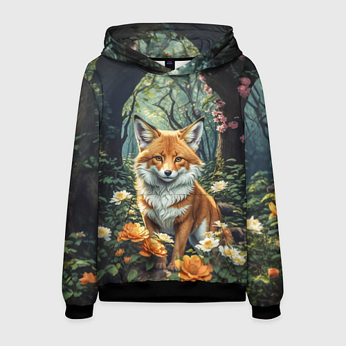 Мужская толстовка Лисица в лесу в цветах / 3D-Черный – фото 1