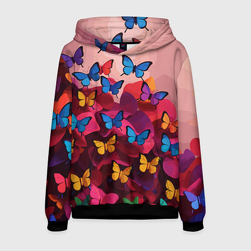 Мужская толстовка Разноцветные бабочки - розовые цветы / 3D-Черный – фото 1