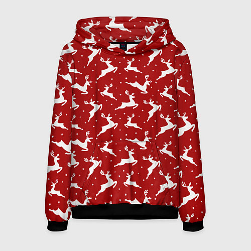 Мужская толстовка Красный паттерн с новогодними оленями / 3D-Черный – фото 1