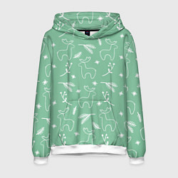 Толстовка-худи мужская Зеленый рождественский узор с оленями, цвет: 3D-белый