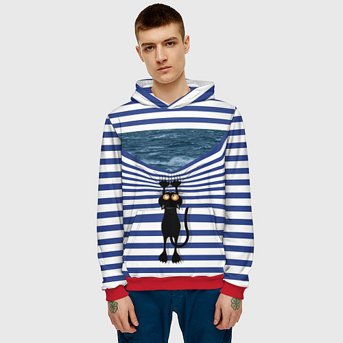 Мужская толстовка Чёрный кот разорвал тельняшку душа моряка / 3D-Красный – фото 3