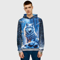 Толстовка-худи мужская Волк в зимнем ночном лесу, цвет: 3D-меланж — фото 2