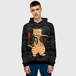Толстовка-худи мужская Кот самурай якудза с карпами, цвет: 3D-черный — фото 2
